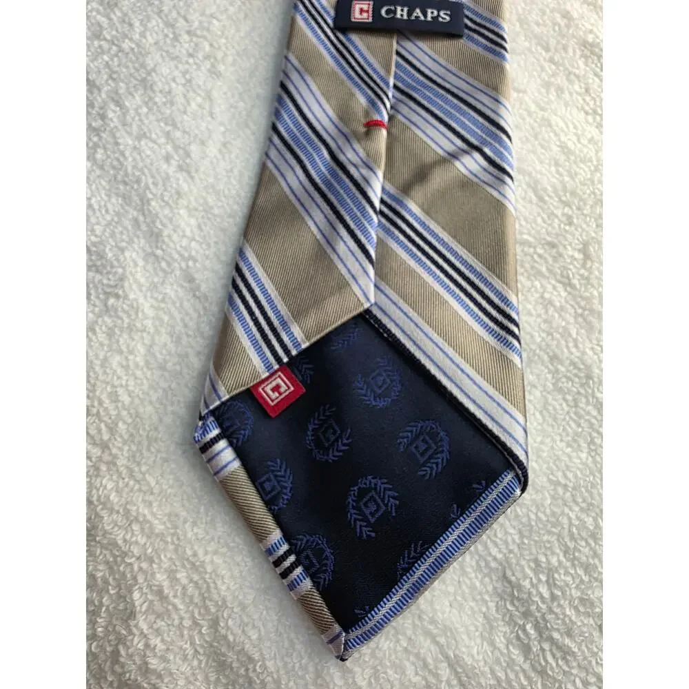 Chaps tan blue white diagonal stripe silk tie - 57.5